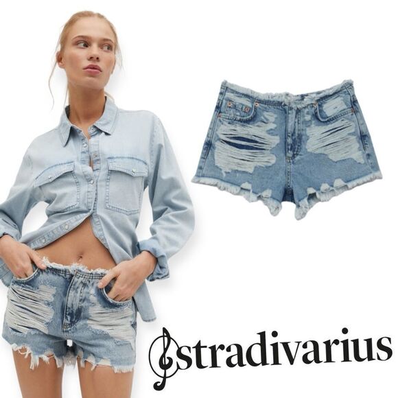 STRADIVARIUS | Blue | RIPPED SHORTS - Picture 1 of 9